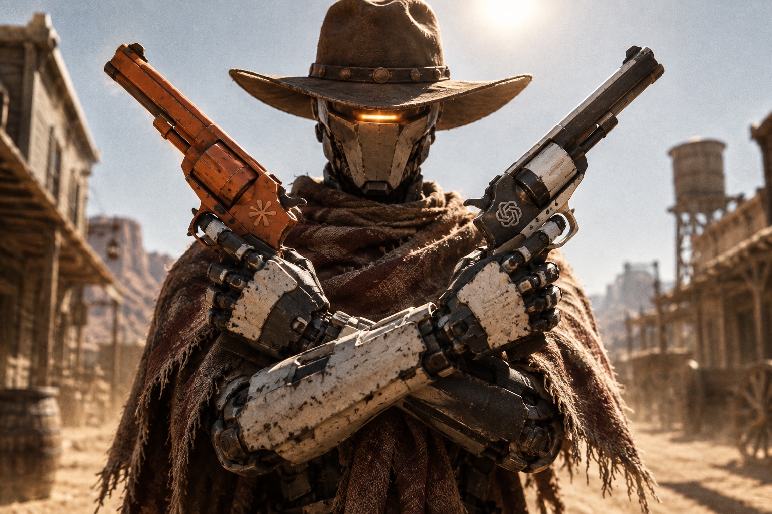 A robot gunslinger at high noon with two crossed revolvers, one marked with a Claude insignia and one with an OpenAI insignia
